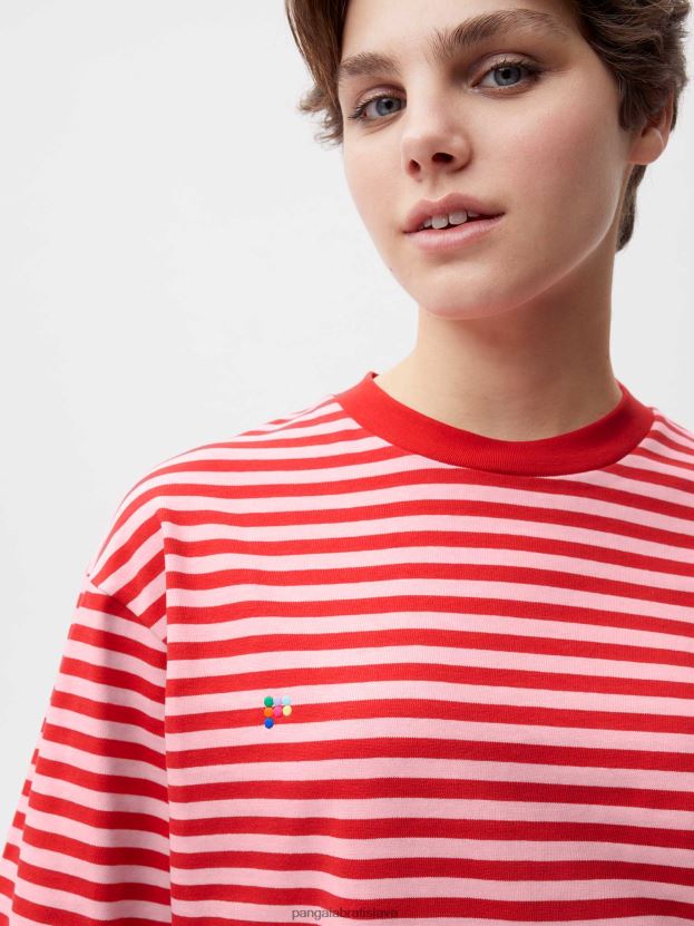 boxy tričko s prúžkami z recyklovanej bavlny ženy NXTFX6207 jaspis červený Pangaia oblečenie